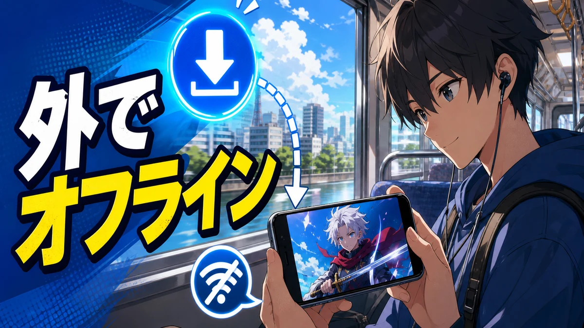電車の中でオフライン再生しているスマホ