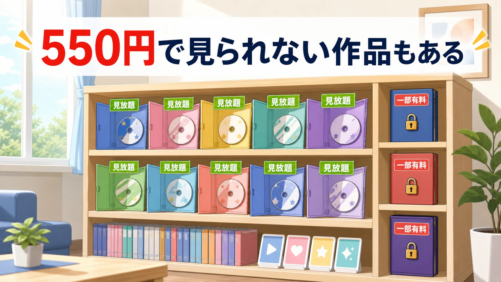 550円で見られない作品もあることを示す見放題と一部有料の図解