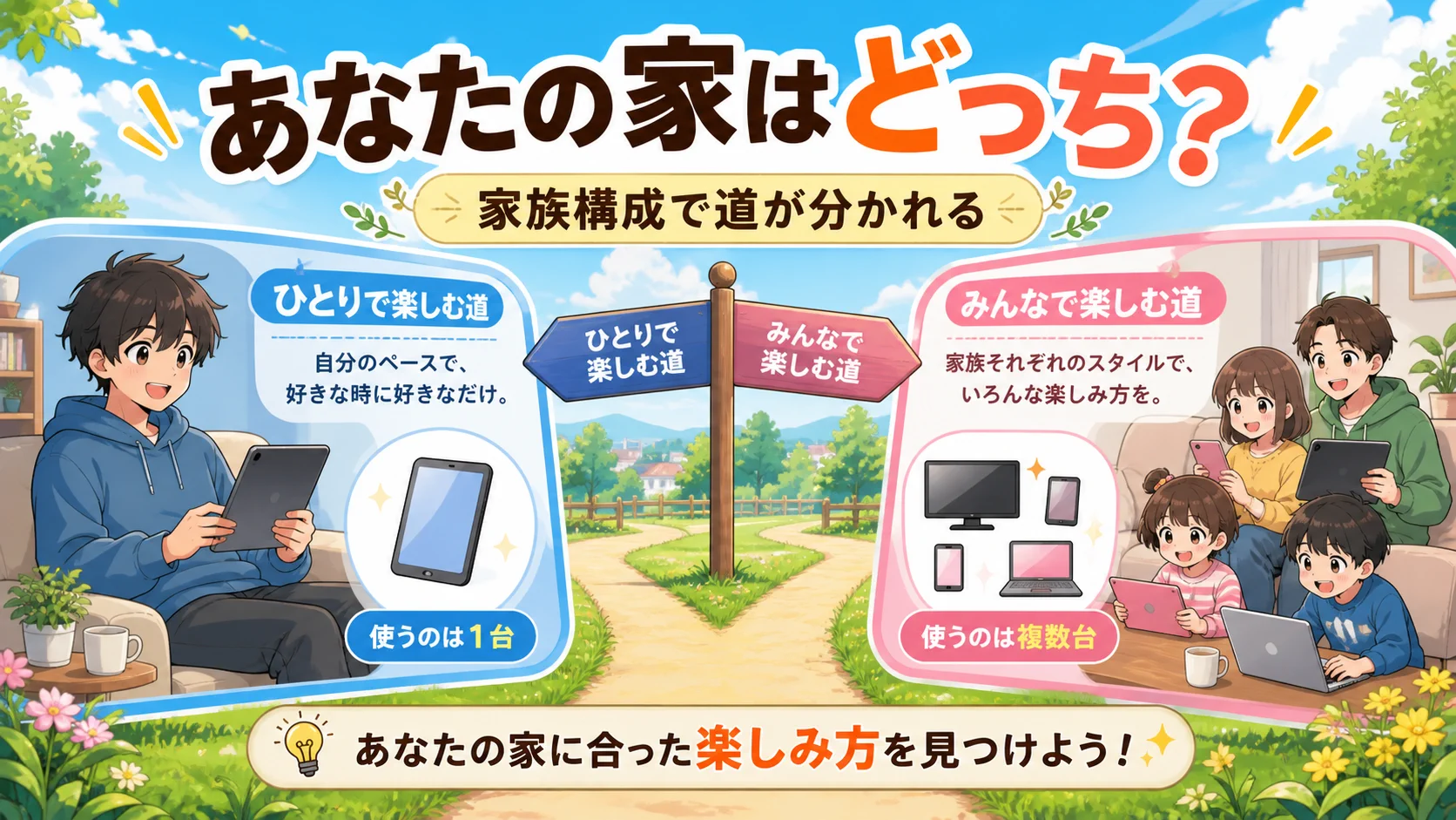 家族構成で同時視聴の選択が分かれることを示すアニメ風図解
