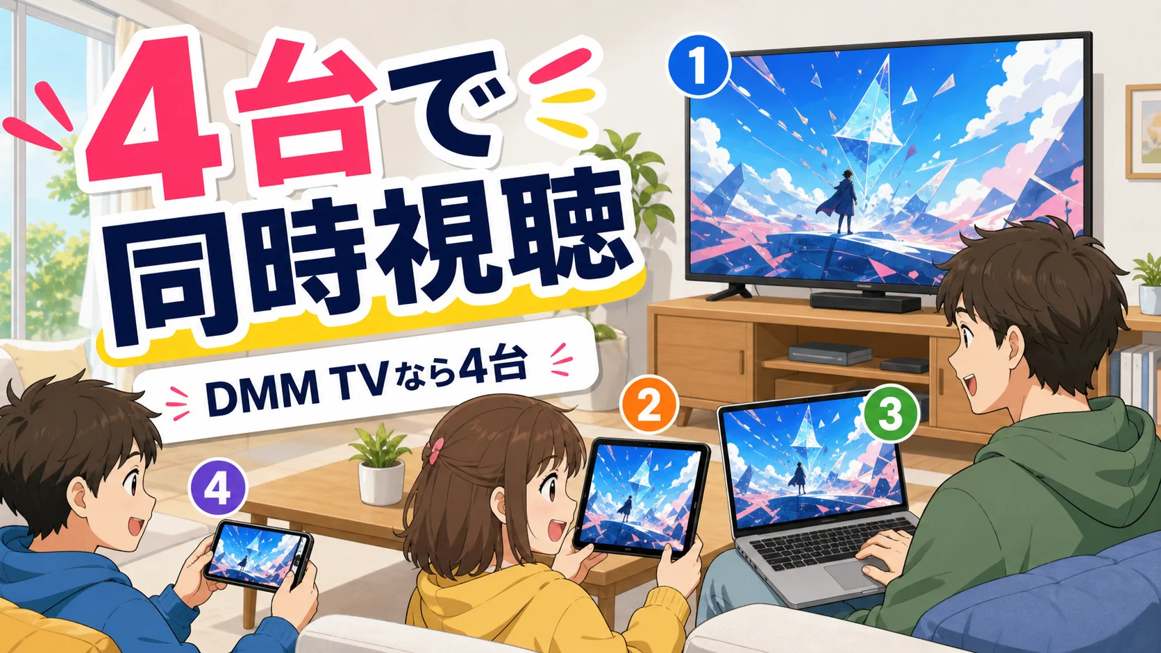 4台で同時視聴するイメージをアニメ風に説明