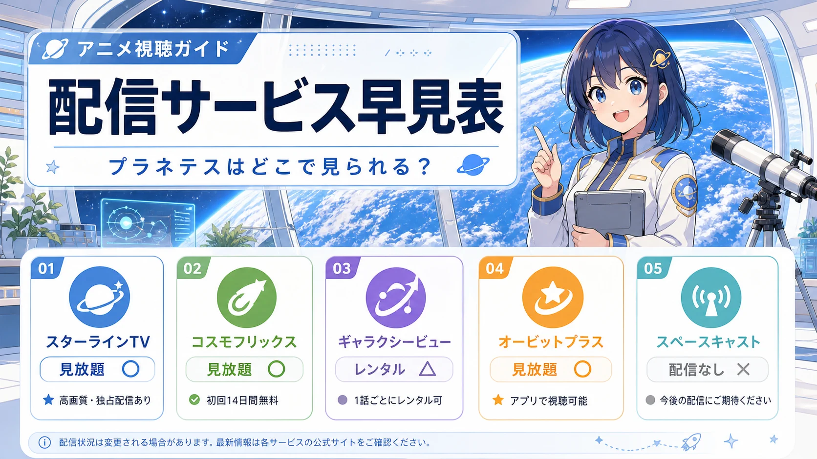 プラネテスの配信サービス早見表をアニメ風に説明