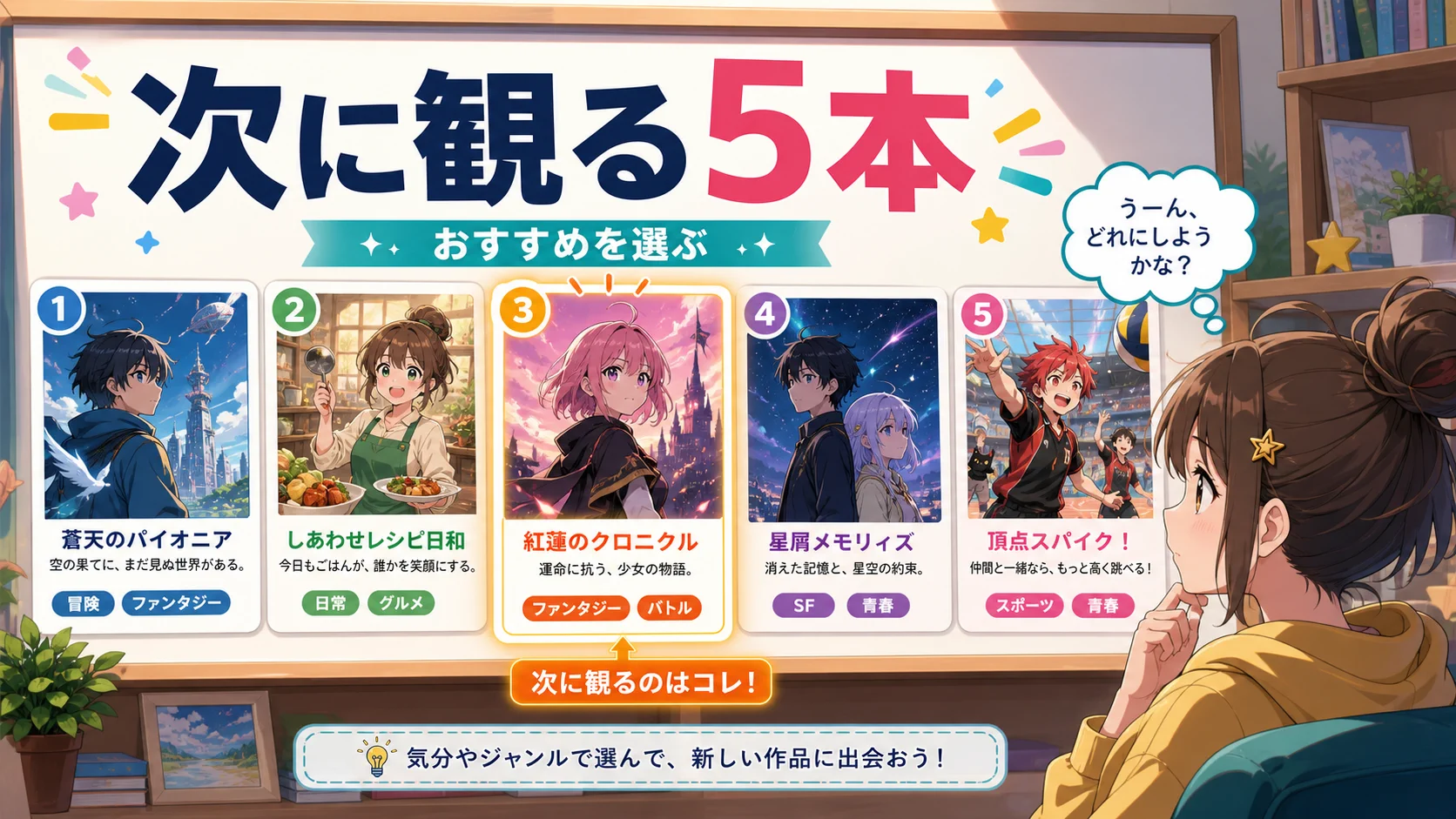 次に観る5本のおすすめをアニメ風カードで紹介