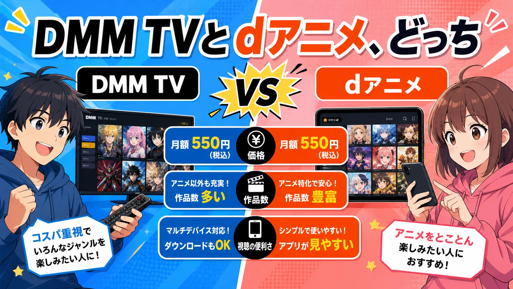 DMM TVとdアニメの違いをアニメ風の比較図で説明