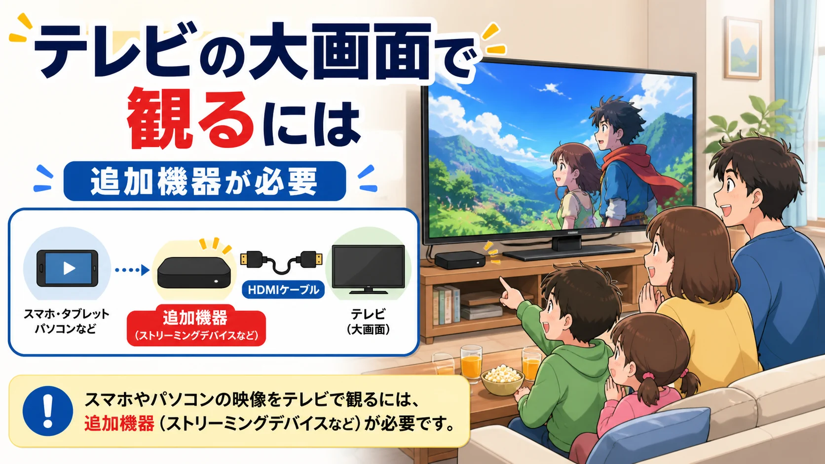 テレビの大画面で観るための追加機器と接続方法を説明