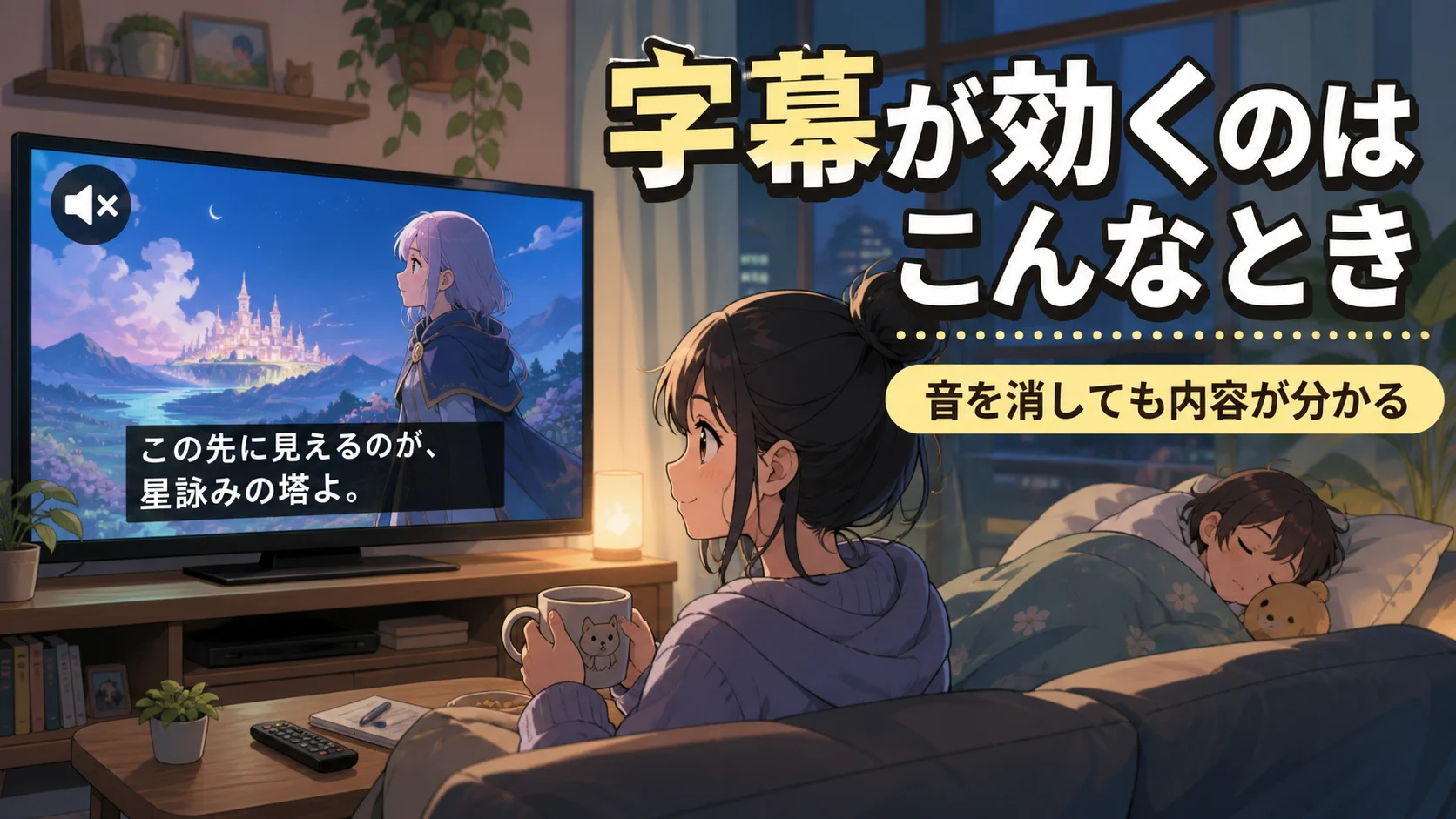 音を消して字幕でアニメを楽しむ場面を説明