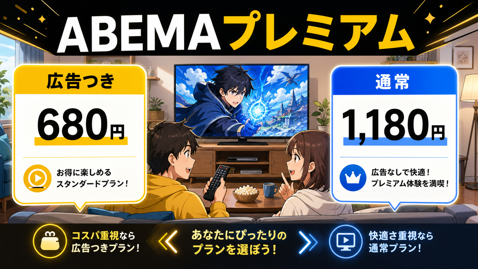 ABEMAプレミアムの広告つきと通常プランの料金比較アイキャッチ