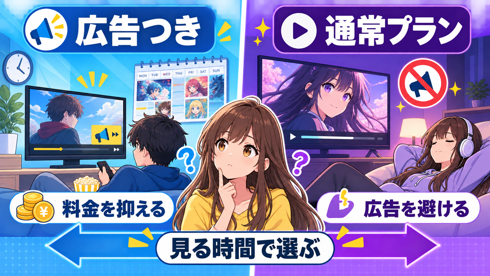 ABEMAプレミアム広告つきと通常プランの選び方を示す比較図