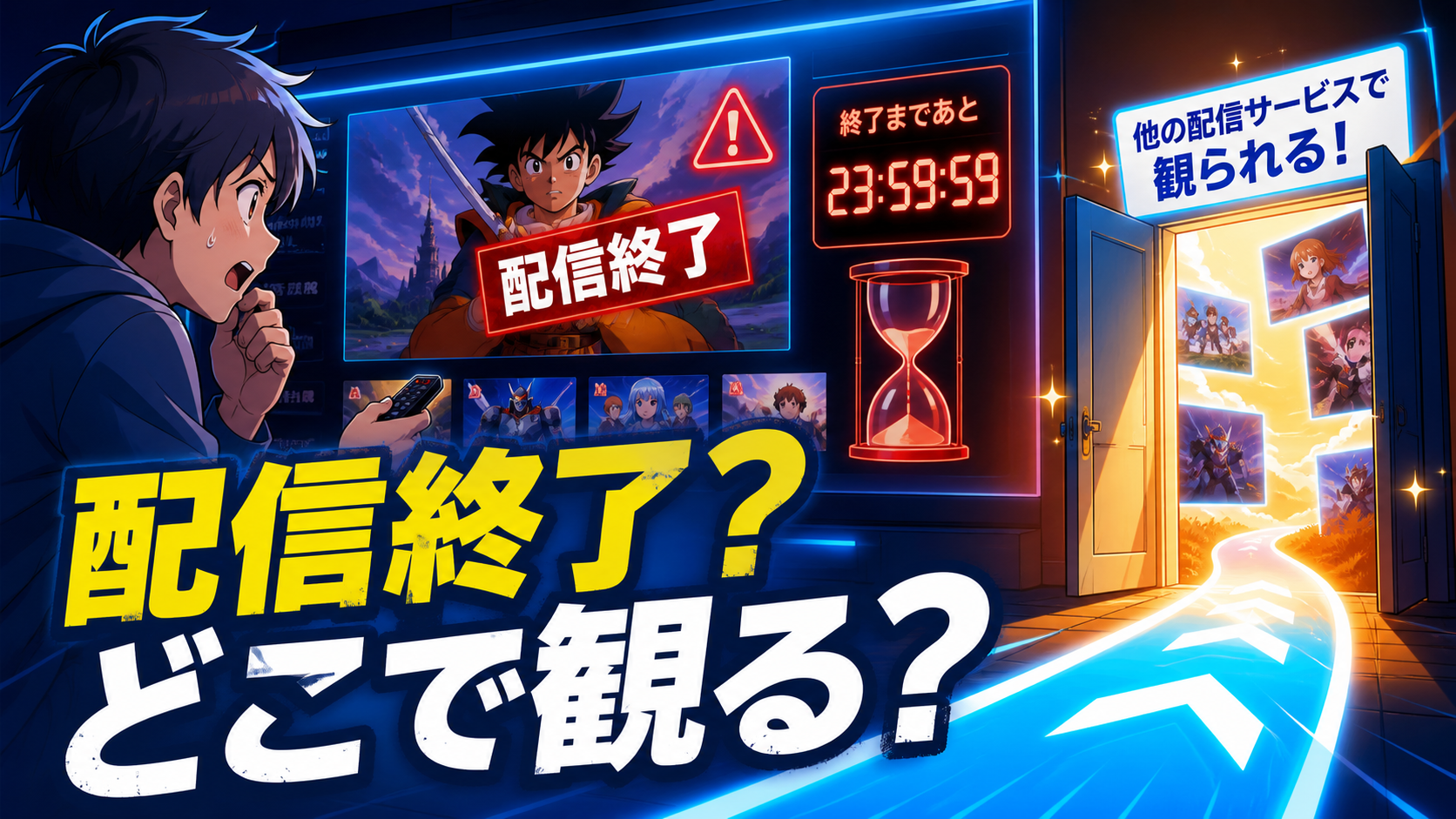 見放題から消えた平成アニメの視聴先を探す方法を示すアニメ風図解