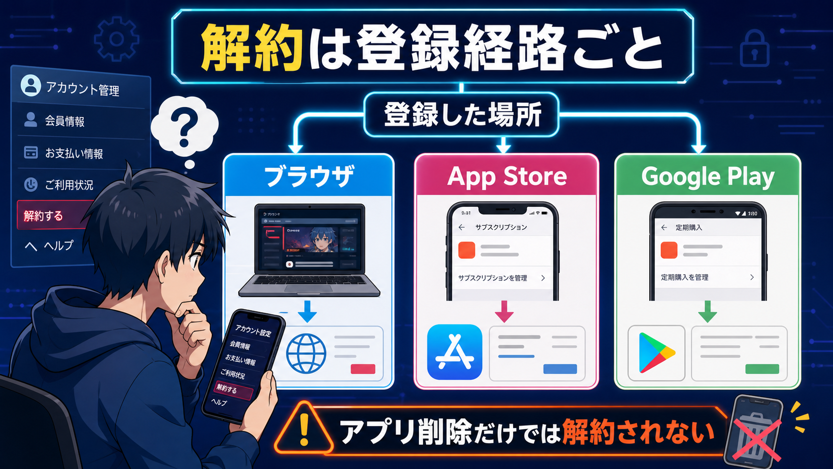 dアニメストアの登録経路ごとの解約方法を示す図解
