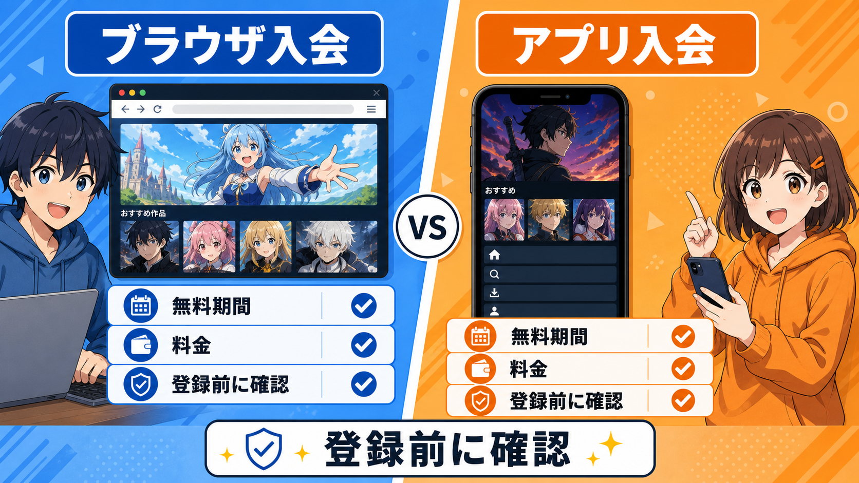 ブラウザ入会とアプリ入会の無料期間と料金を比較する図解