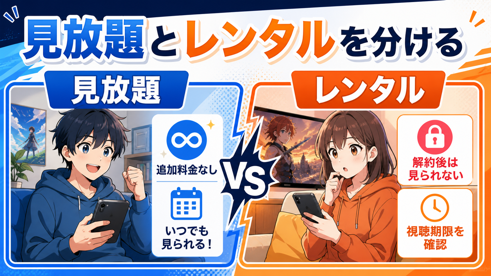 見放題・レンタル・購入の違いを比較する図