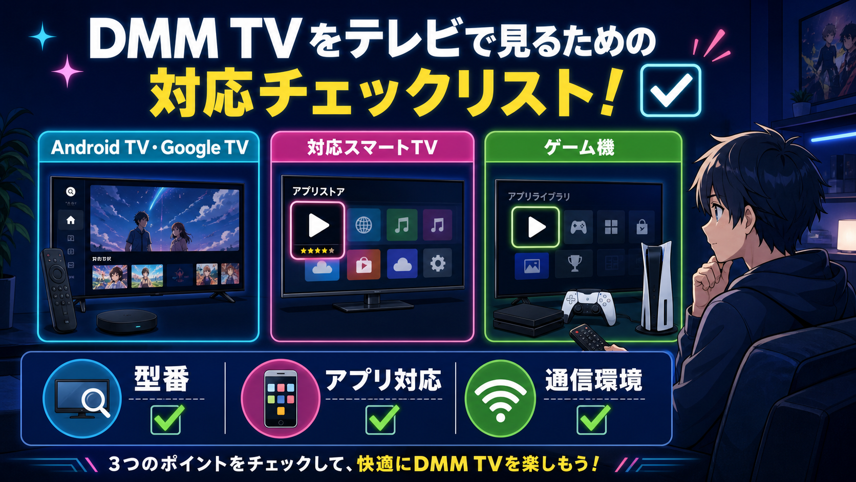 DMM TVをFire TV・Android TV・対応スマートTV・ゲーム機で見るルートの比較図