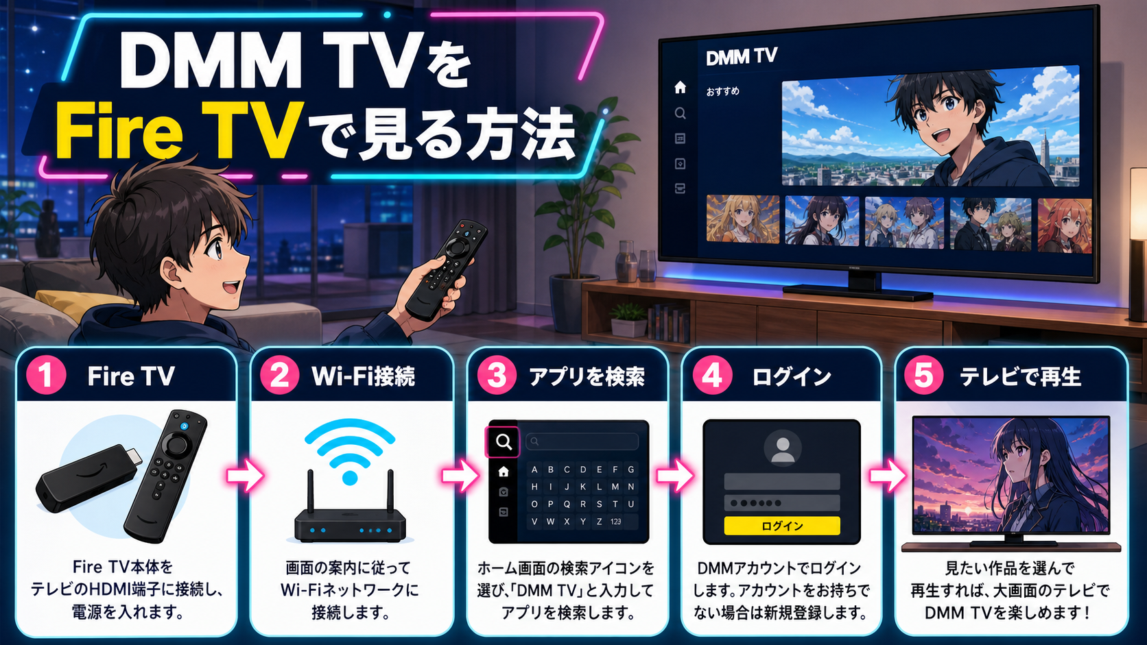 DMM TVをFire TVで見る5段階の接続・検索・ログイン手順