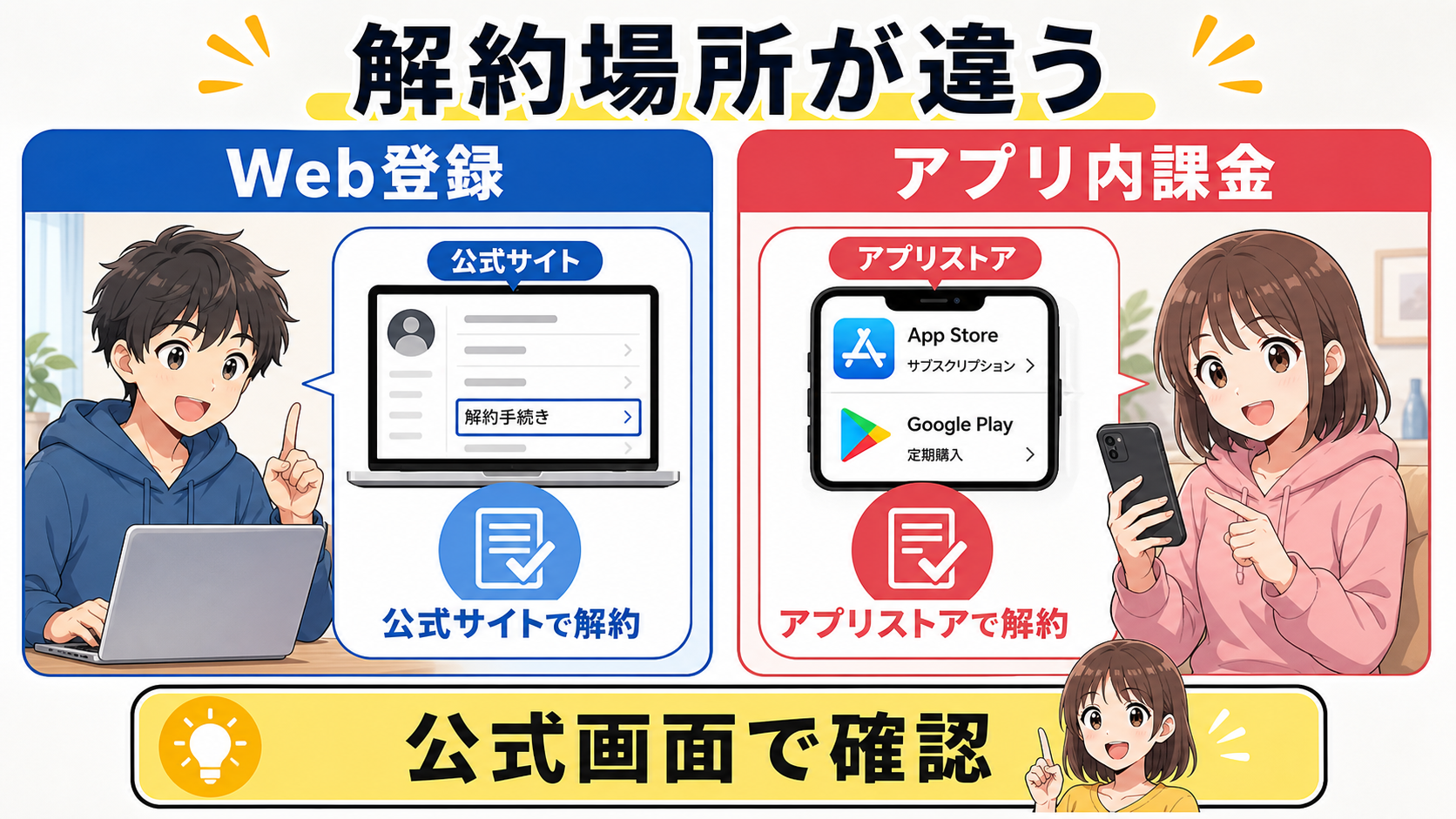 解約方法を登録経路別に確認する図