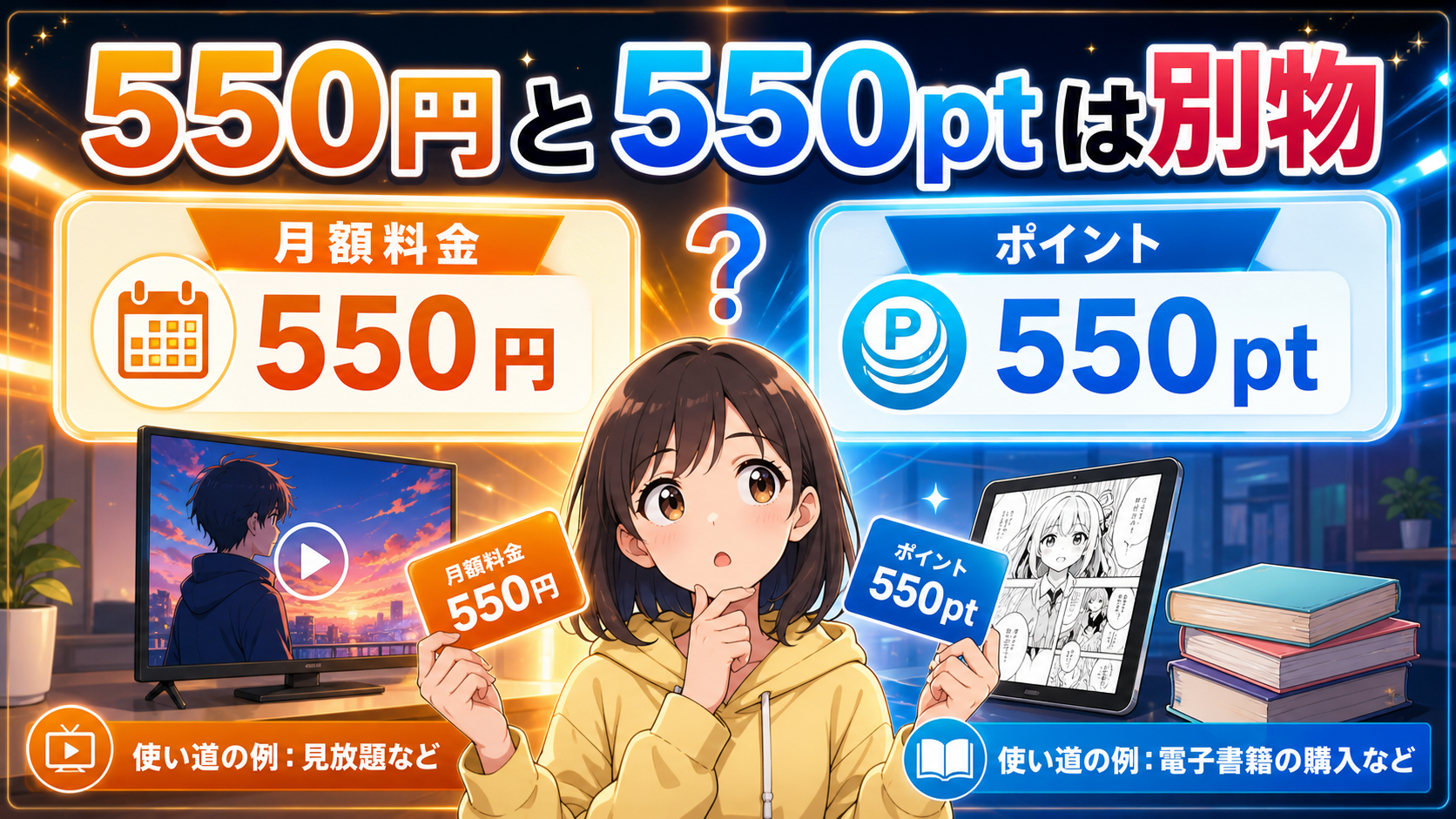 DMM TVの月額料金と550ポイントは別ものだと伝えるアイキャッチ
