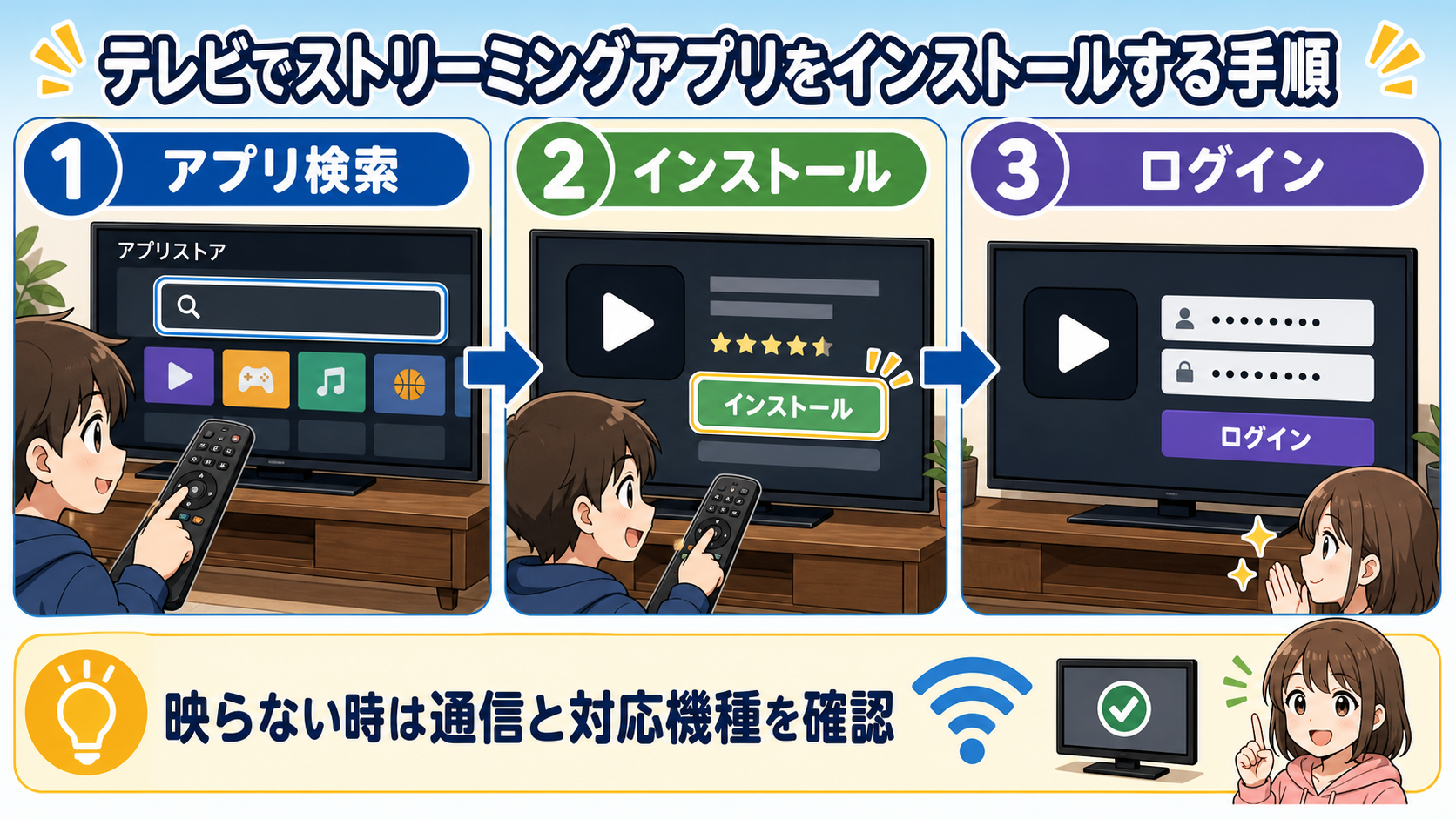 家族の視聴端末へDMM TVを設定する手順の図