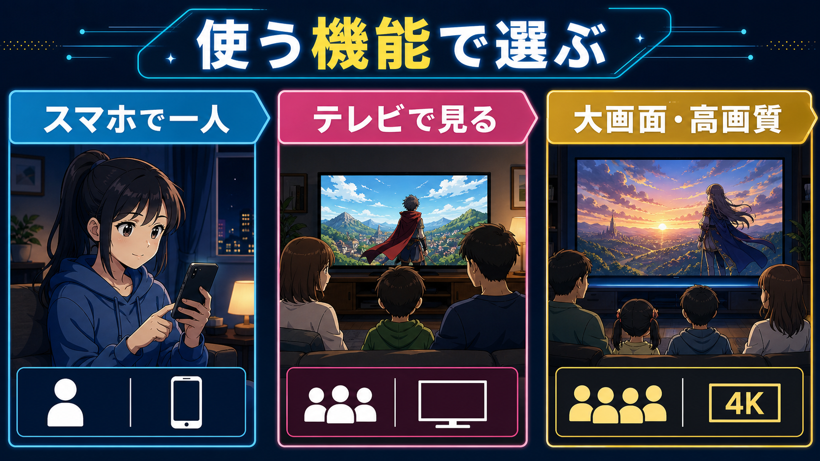 Netflixをスマホ・テレビ・大画面で使う機能から選ぶ比較図