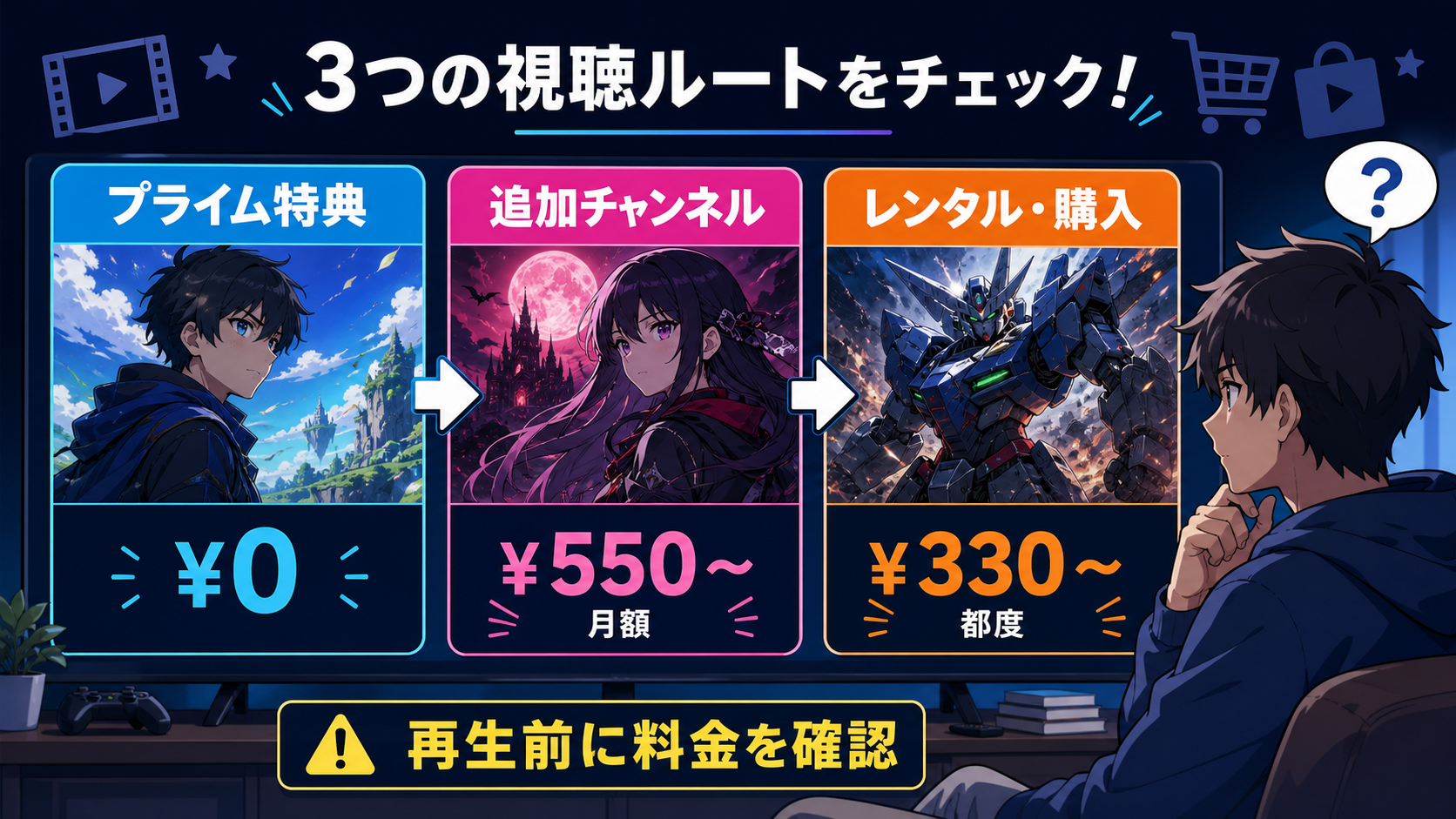 Prime会員特典とPrime Videoの視聴ルートを確認する図