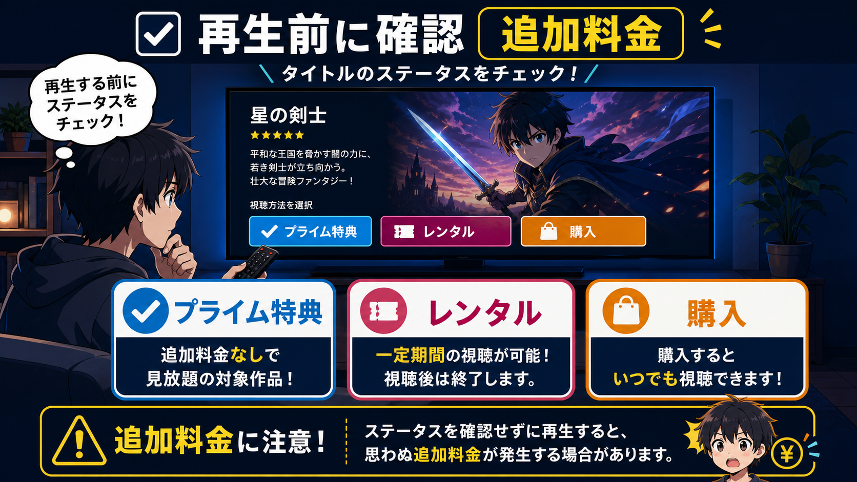 Prime Video再生前にプライム特典・レンタル・購入を確認する図解